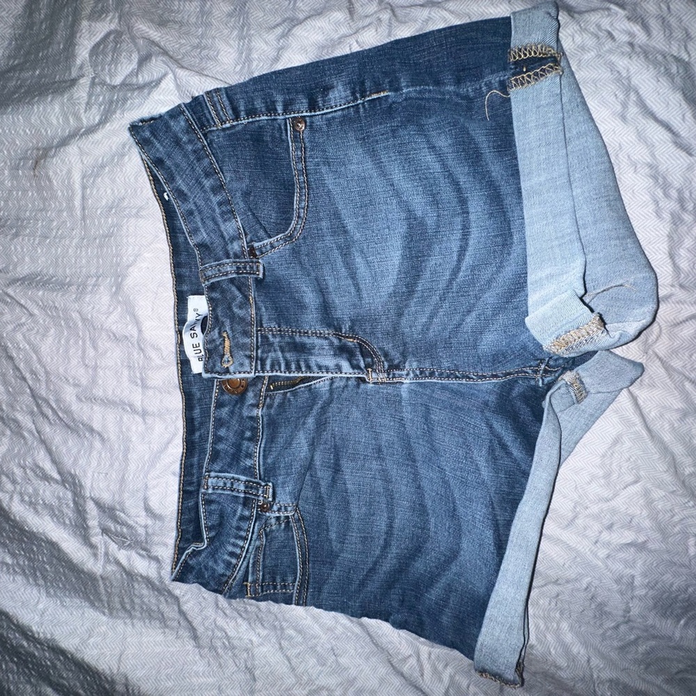 Blue Jean Shorts with Raw Hem and Faded Look